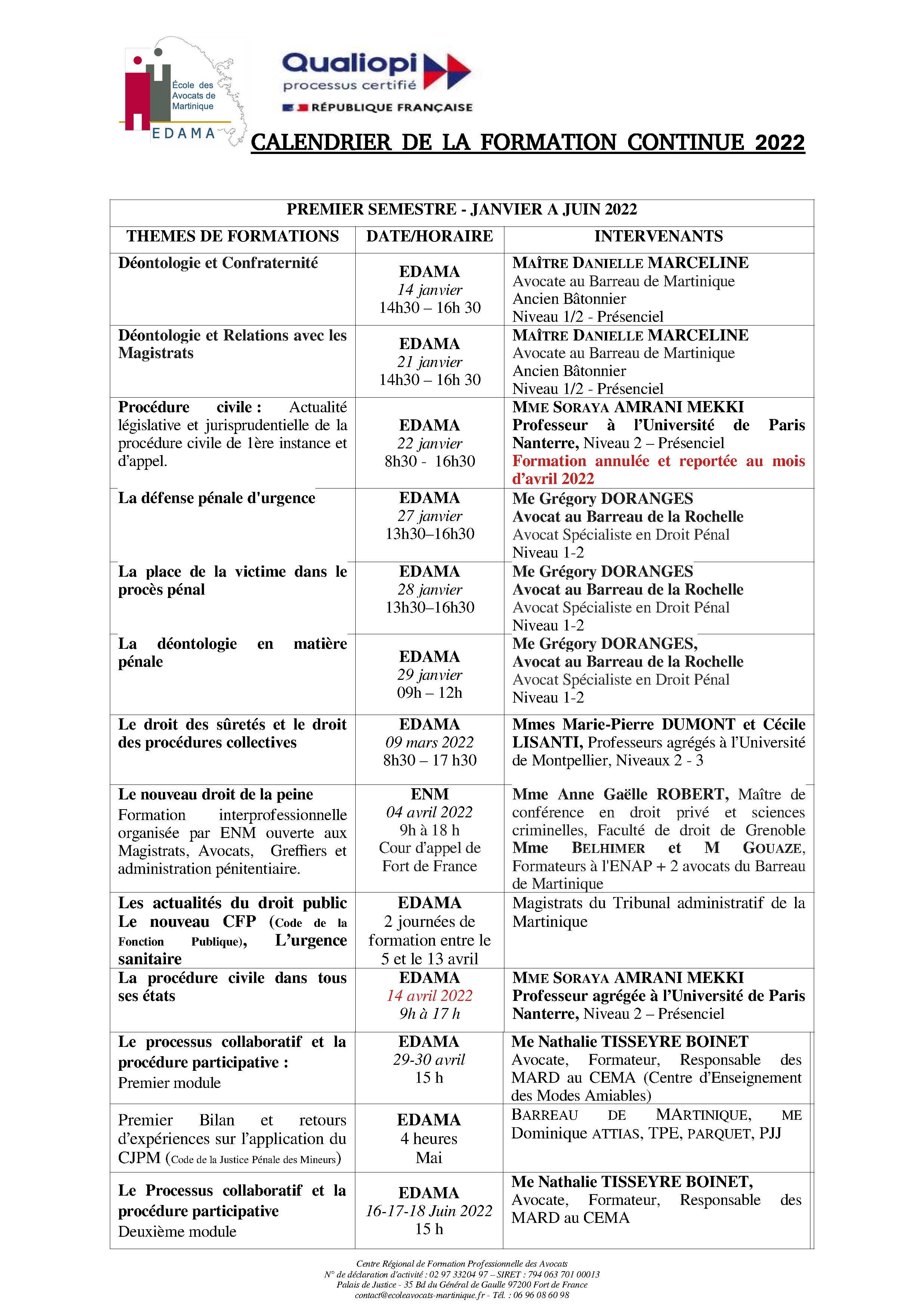 CALENDRIER DES FORMATIONS PROPOSÉES PAR L'EDA MARTINIQUE AU PREMIER SEMESTRE 2022