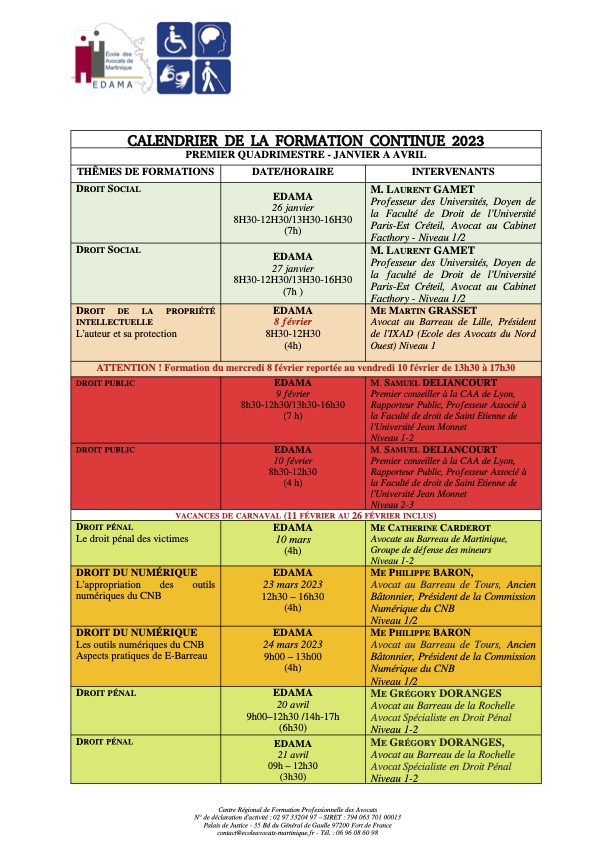 CALENDRIER PREMIER QUADRIMESTRE 2023